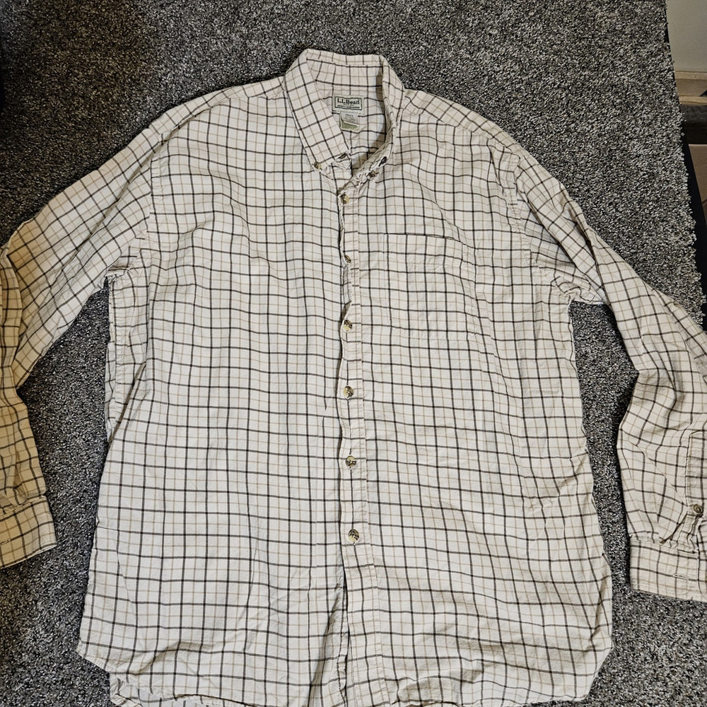 LL Bean Flannel Shirt Men's XL Long Sleeve Cotton Cream Plaid Check‎ Pocket